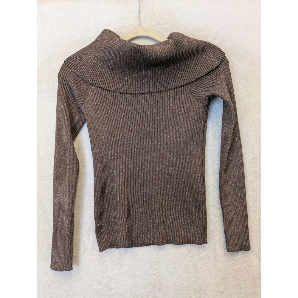 Pink Rose Women's Size XS Metallic Brown Shimmer Sweater Cowl Neck Ribbed Knit‎